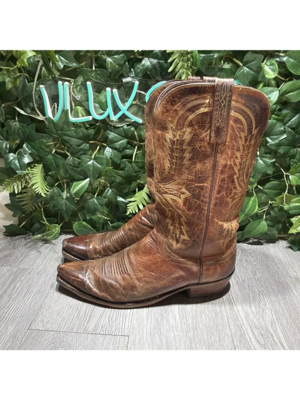 Lucchese 1883 Distressed Brown Leather Snip Toe Western Cowboy Boots Men 10.5 D